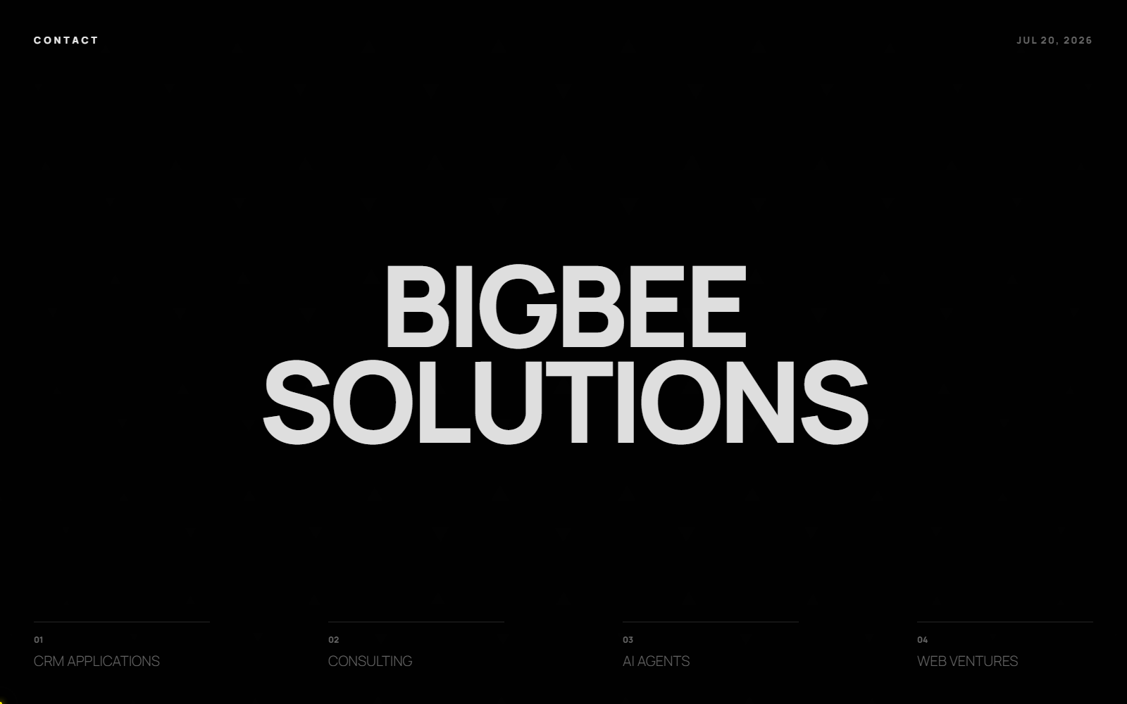Bigbee Solutions homepage introducing CRM applications, consulting, AI agents, and web ventures