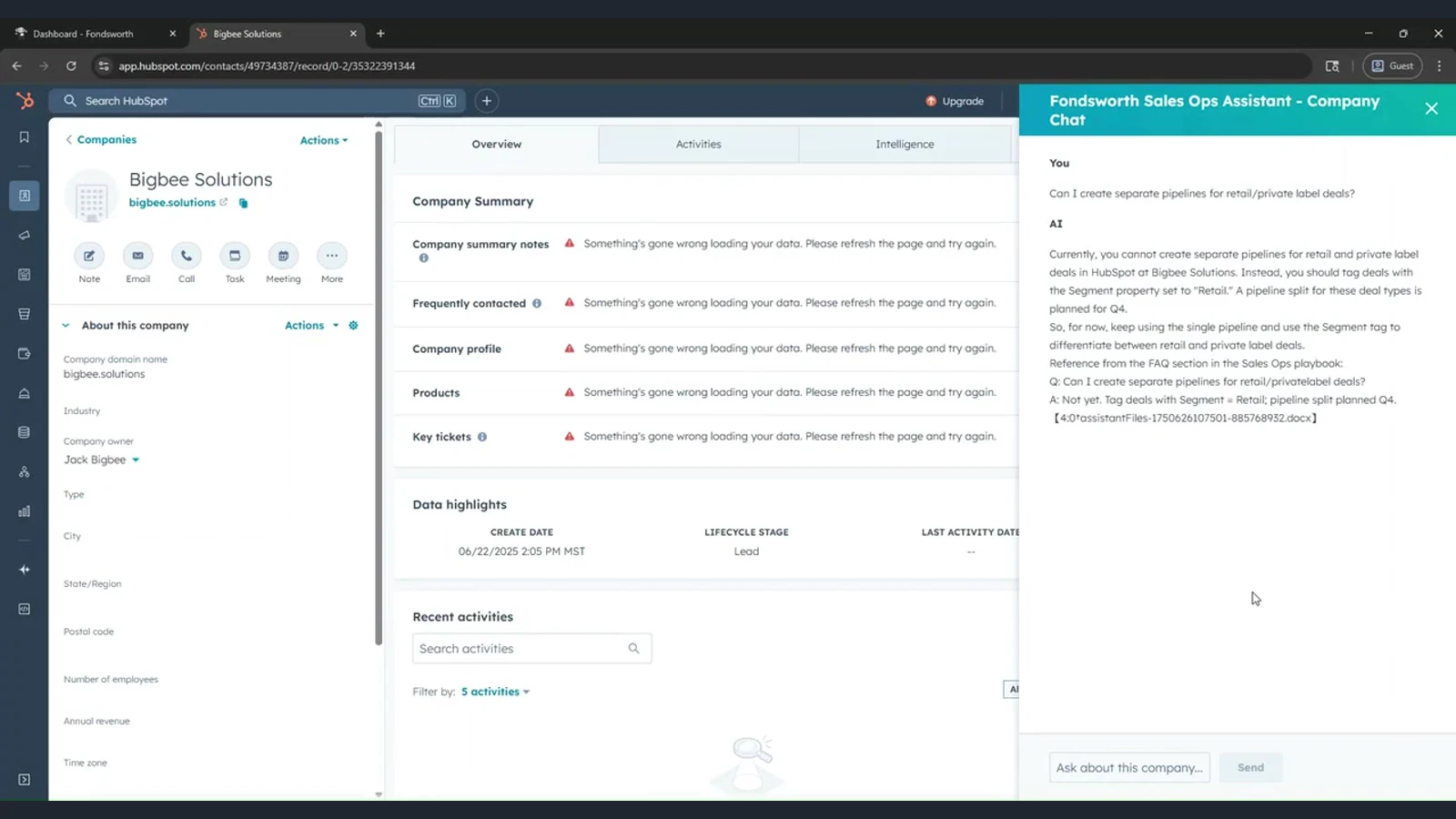 Fondsworth answering a company question in the HubSpot sidebar