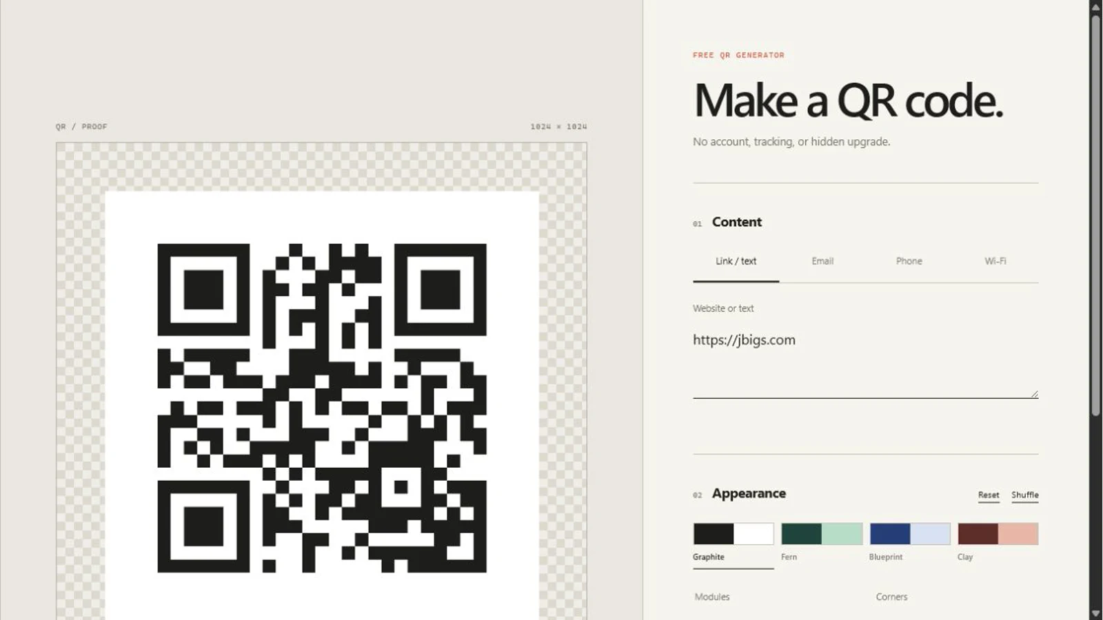JBigs QR Code generator with live preview and customization controls