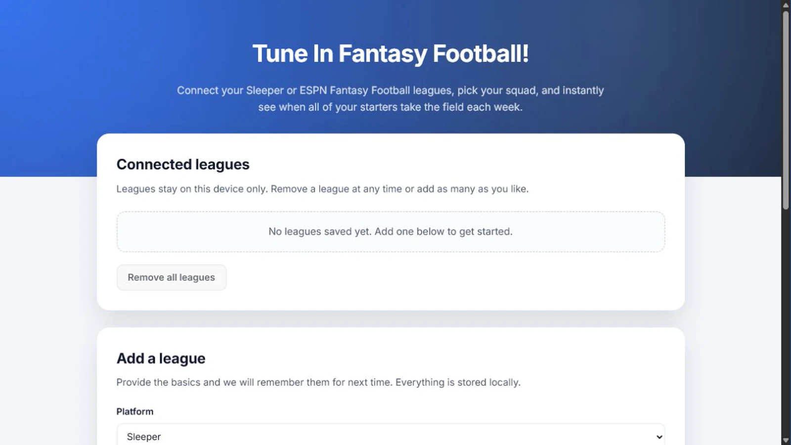 TuneInFF connected-leagues interface
